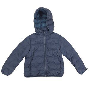 Uniqlo Puffer Jacket Youth Kids Boys 7-8 Navy Blue Lightweight Full Zip Hooded